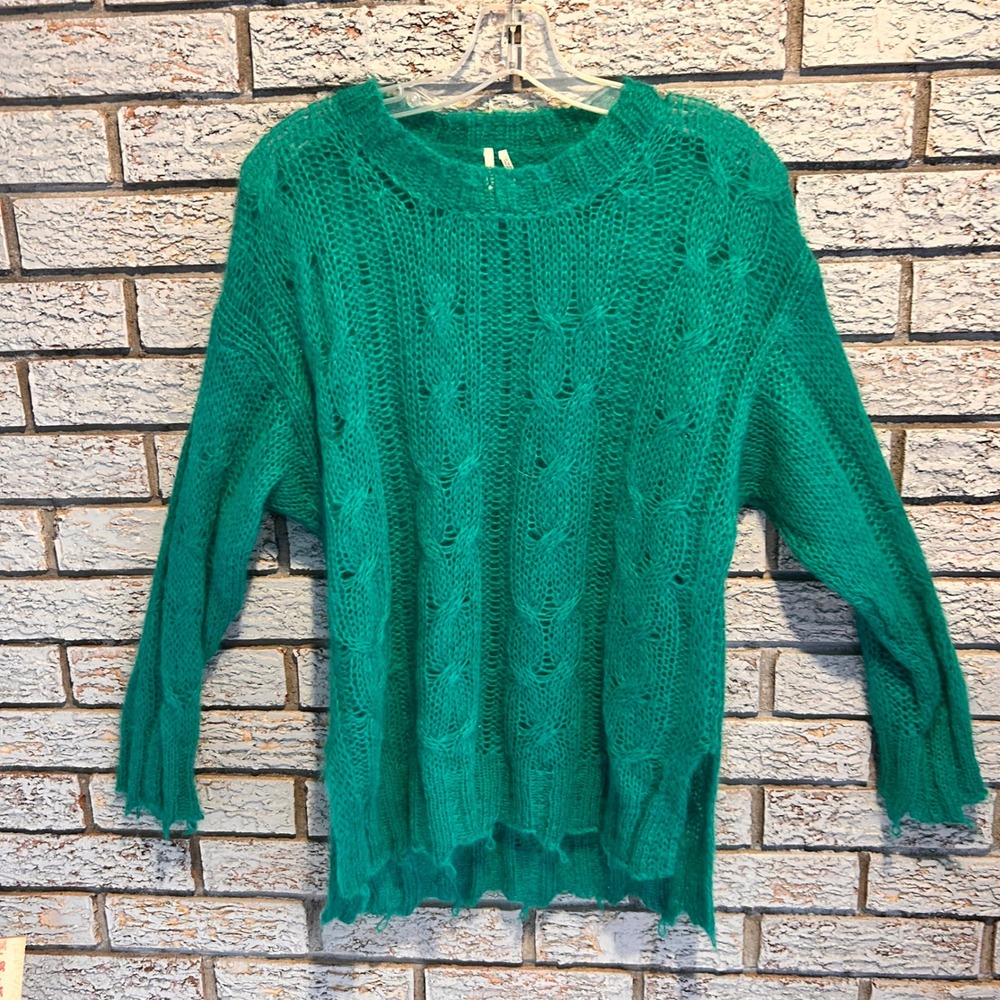 Anthropologie Green Wool Blend Open Knit Cable Sweater Distressed Made in Italy